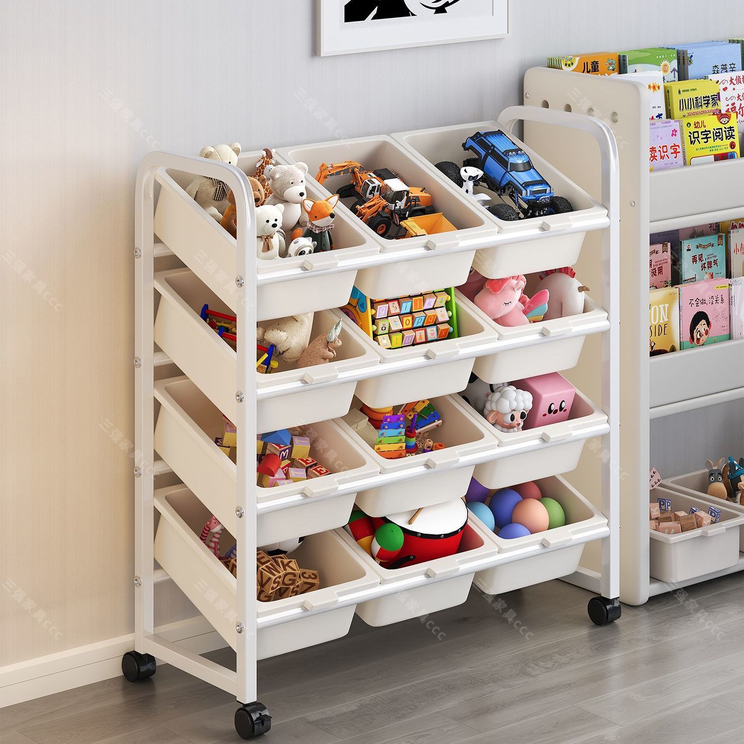 Freestanding Multi-Tier Mobile Toy Storage Rack with Bookshelf detail